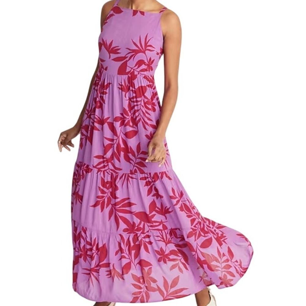 Old Navy Purple Floral Lightweight Tiered Fit and Flare Maxi Length Sun Dress